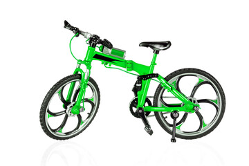 Green toy bicycle isolated on white background. Realistic toy bike.