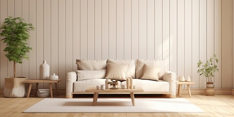 Blank area for showcasing product on wooden table in cozy Scandinavian living room. Close-up picture. visualization.