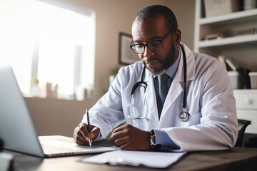 Black male doctor prescribes a prescription by writing it on paper. - obrazy, fototapety, plakaty