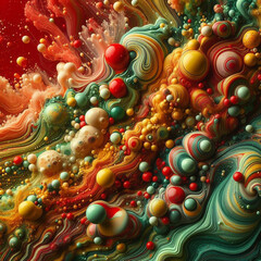 This is a close-up of a bright and colorful mixture of liquid paints creating an abstract pattern.