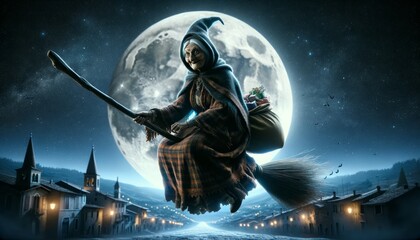 A photo realistic Befana flying on a broomstick at 5 january night, with houses below. Befana is wearing a scarf and shawl, Italian folklore, depicted in her traditional role of delivering gifts. - obrazy, fototapety, plakaty