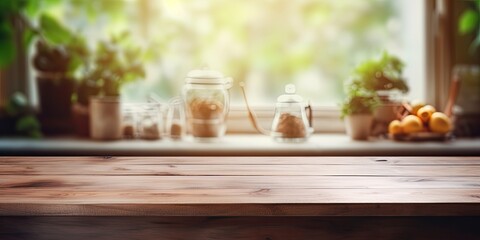 Blurred kitchen window backdrop with wooden cooking table top - obrazy, fototapety, plakaty