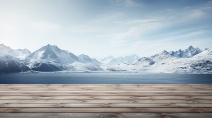 Fototapeta na wymiar Winter Panorama from Wooden Deck Overlooking Lake
