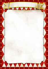 Vintage Circus Poster Background with a grunge paper texture frame on red and white arlequin diamonds pattern background, and golden star borders decoration