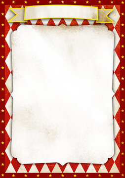 Vintage Circus Poster Background with a grunge paper texture frame on red and white arlequin diamonds pattern background, and golden star borders decoration