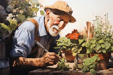 Elderly Gardener Tending to Plants Caricature - obrazy, fototapety, plakaty