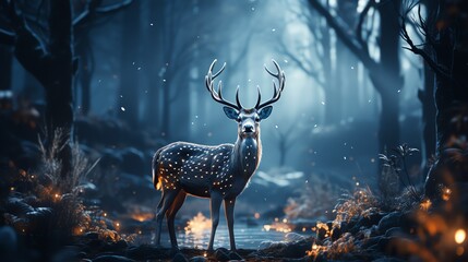 Deer, dark forest, fog, copy space background, 3d rendering
