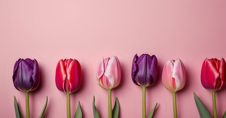 red, pink, and purple tulips on pink background with room for copy