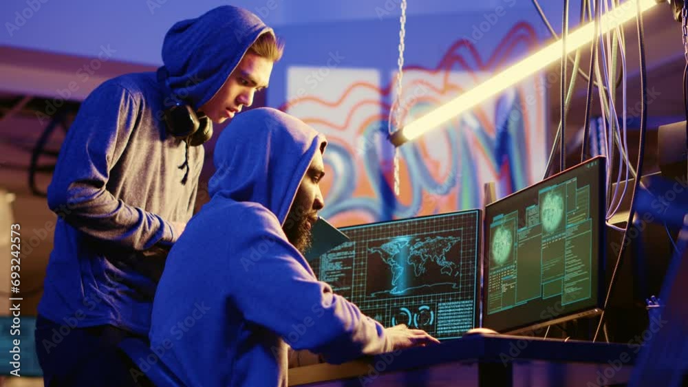 Poster hackers in secret underground warehouse trying to steal valuable data by targeting governmental webs