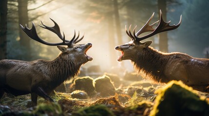 close-up portrait of red deer fighting and roaring during rut in forest with huge horns - obrazy, fototapety, plakaty