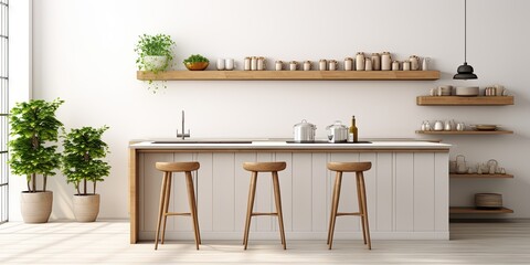 Minimalistic white and brown wooden kitchen with sink, table, plants, pot, dish shelf, bar stools, and table.