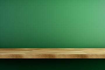 an empty wooden table green wall