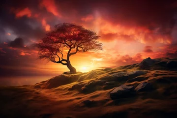 Fotobehang A solitary tree on a grassy hill, its twisted branches reaching towards a fiery, dramatic sunset © Tahir