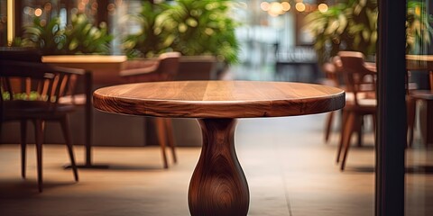 Luxurious cafe with warm-style round table made of mahogany wood. Bokeh background and space for product display. - obrazy, fototapety, plakaty