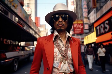 Fashionable Asian man in 1970s on city street - obrazy, fototapety, plakaty