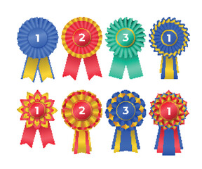 Fototapeta premium Golden rosette medal label set collection, Award Ribbon, Premium emblem of best quality, number winner badge banner, competition reward seal place medal, vector illustration