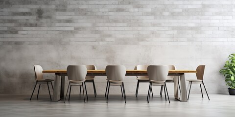 Concrete floor, gray and white brick walls, wooden and gray countertops, long table with chairs, mock up wall.