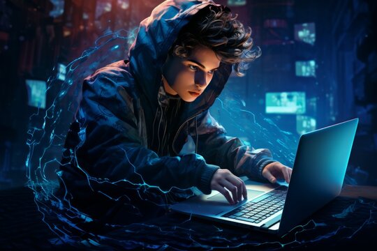 Teenager with laptop surrounded by light beams - Powered by Adobe
