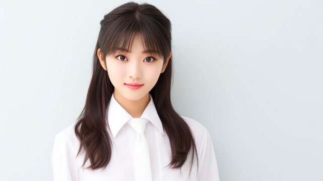 Portrait photo of a beautiful young Japanese female student in school uniform, one color background, copy space - generative ai