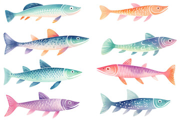 Set of watercolor paintings sea fish on white background.  - obrazy, fototapety, plakaty