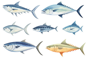 Set of watercolor paintings Tuna fish on white background. 