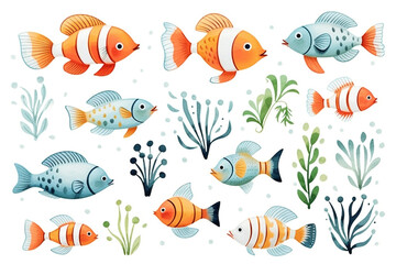Fototapeta premium Set of watercolor paintings Clownfish on white background. 