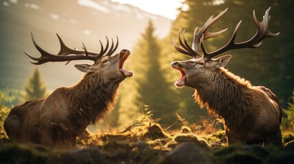 close-up portrait of red deer fighting and roaring during rut in forest with huge horns