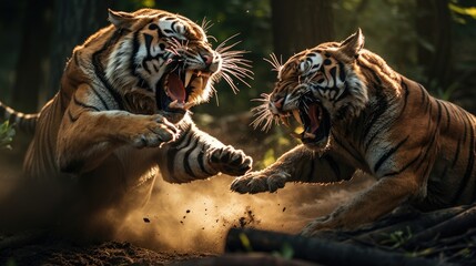 close-up portrait of two amu tigers in snow forest fighting and roaring