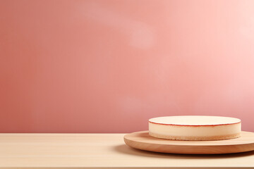 An empty wooden table soft colored wall with Cheesecake
