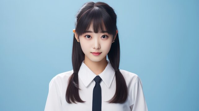 Portrait photo of a beautiful young Japanese female student in school uniform, one color background, copy space - generative ai