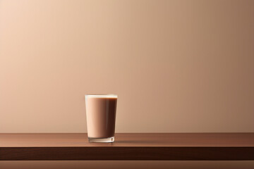 An empty wooden table soft colored wall with Chocolate milk