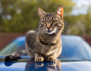 車のボンネットの上の猫