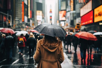 A woman with an umbrella in a busy city on a rainy day.