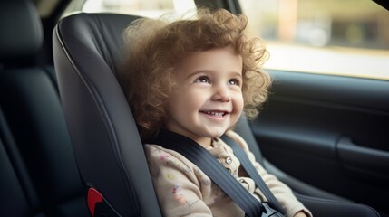 A smiling child riding in a car safety seat