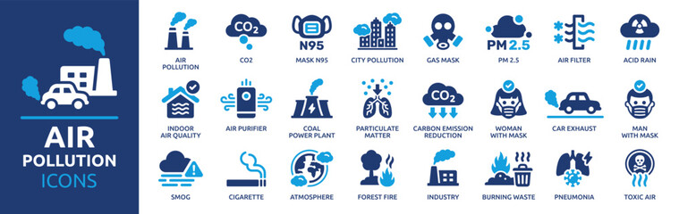 Air pollution icon set. Containing CO2, mask, air filter, PM 2.5, air purifier, car exhaust, indoor air quality, smog and more. Solid vector icons collection. - obrazy, fototapety, plakaty