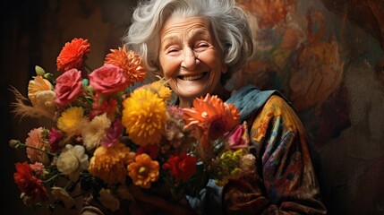 portrait of elderly woman senior happy granny holding bouquet of colourful flowers - obrazy, fototapety, plakaty