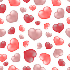 Heart seamless pattern. Valentines Day background. Red and pink realistic 3d hearts. Vector template for fabric, textile, wallpaper, wrapping paper, scrapbooking, etc.