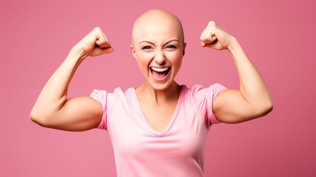 strong woman, cancer survivor on pink background, cancer awareness concept, 