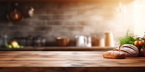 Naklejka premium Blurred background with wooden table in rustic kitchen