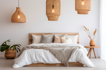 Inviting bedroom setting: Plush upholstered headboard, textured linens, and a warm touch of nature with a rattan pendant light for a stylish and cozy ambiance.