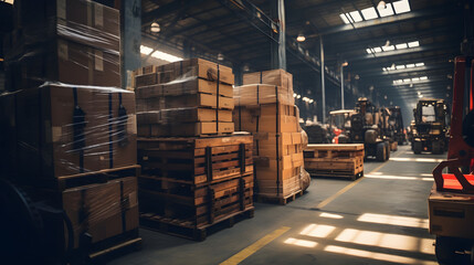 A retail warehouse full of shelves with goods in cartons, with pallets and forklifts. Logistics and transportation blurred the background. Product distribution center 