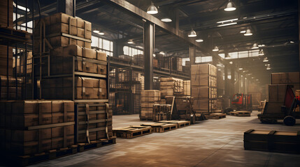 A retail warehouse full of shelves with goods in cartons, with pallets and forklifts. Logistics and transportation blurred the background. Product distribution center 