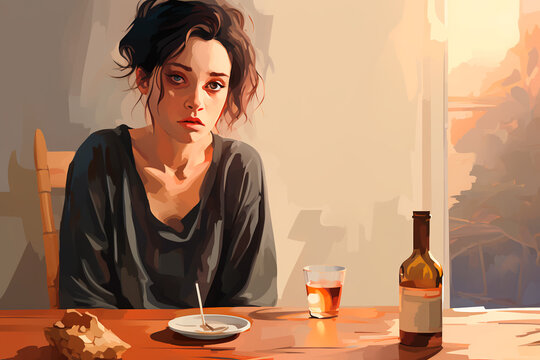 Vector illustration: Despondent girl sits at a table, smoking and drinking alcohol. Wine bottle and cigarette pack on the table depict a scene of depression, stress, and harmful habits.





