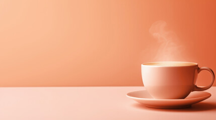 A cup of coffee with steam rising out of it, peach fuzz, trendy color of the year 2024.