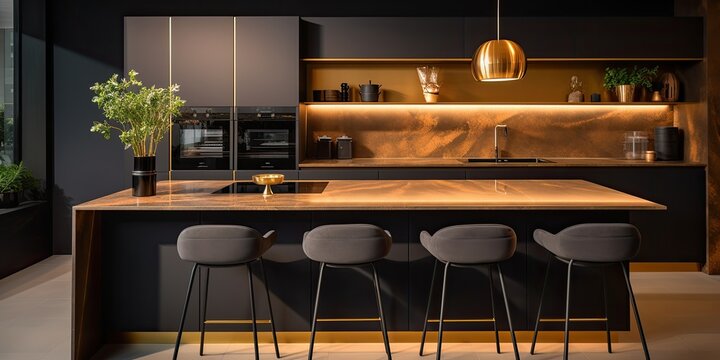 Modern luxury kitchen with a black and golden color scheme in a residential area with no occupants.