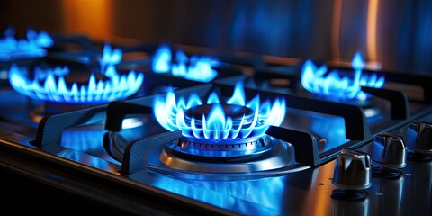 Blue fire from kitchen stove top. Gas cooker with burning flames. Gas supply and news. Global gas crisis and price increase. - obrazy, fototapety, plakaty