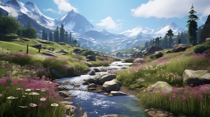 A picturesque alpine meadow with wildflowers, a babbling brook, and snow-capped mountains in the distance. - obrazy, fototapety, plakaty