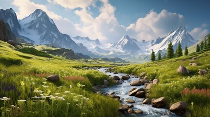 A picturesque alpine meadow with wildflowers, a babbling brook, and snow-capped mountains in the distance. - obrazy, fototapety, plakaty