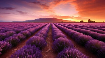 A picturesque lavender field at sunset, with rows of purple flowers and a tranquil atmosphere.
