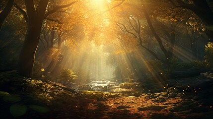 A serene autumn forest with a carpet of fallen leaves, and rays of sunlight piercing through the trees.